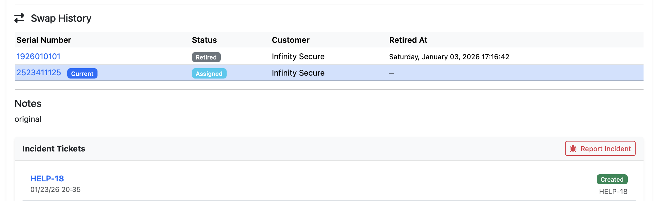 Incident tickets linked to asset records